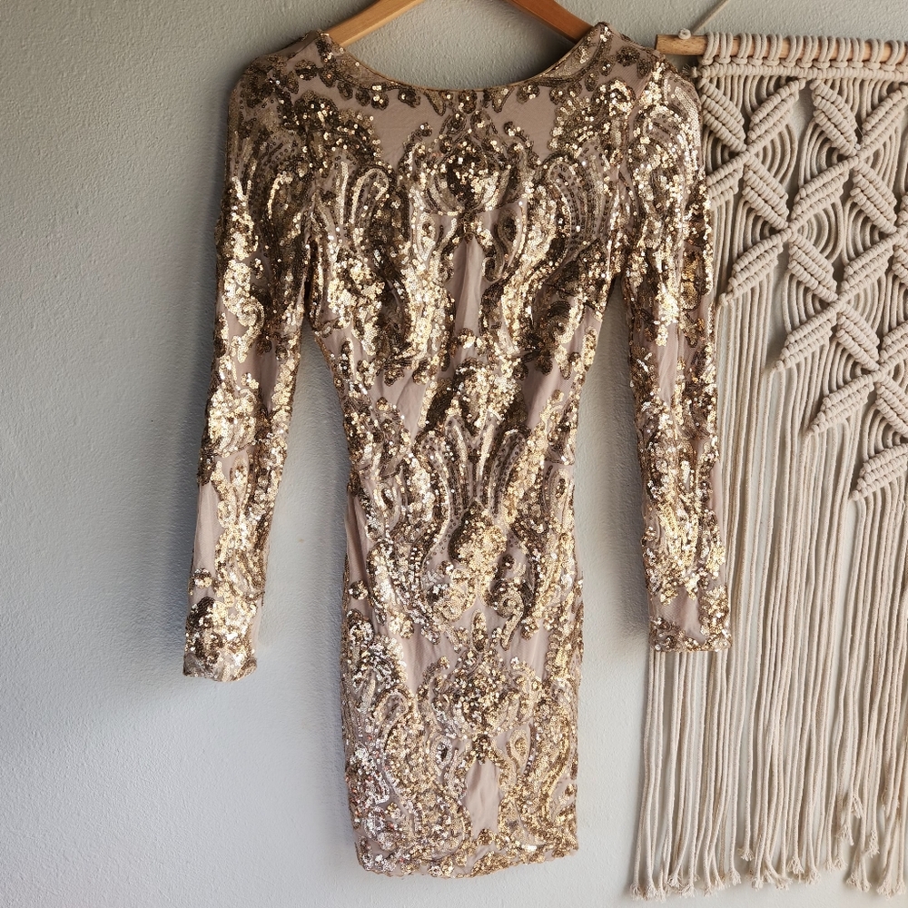 Dress The Population Lola Gold Sequin Mini Dress‎ Long Sleeve Party XS